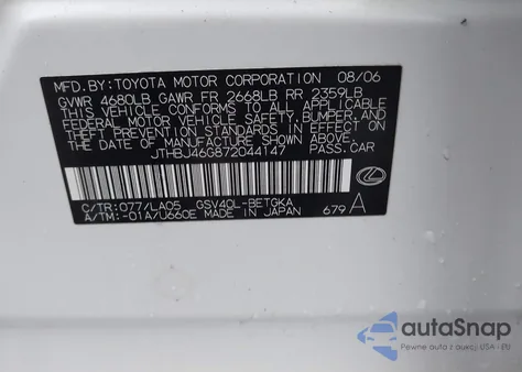 2007 Lexus Es 350 from USA, damaged, VIN JTHBJ46G872044147